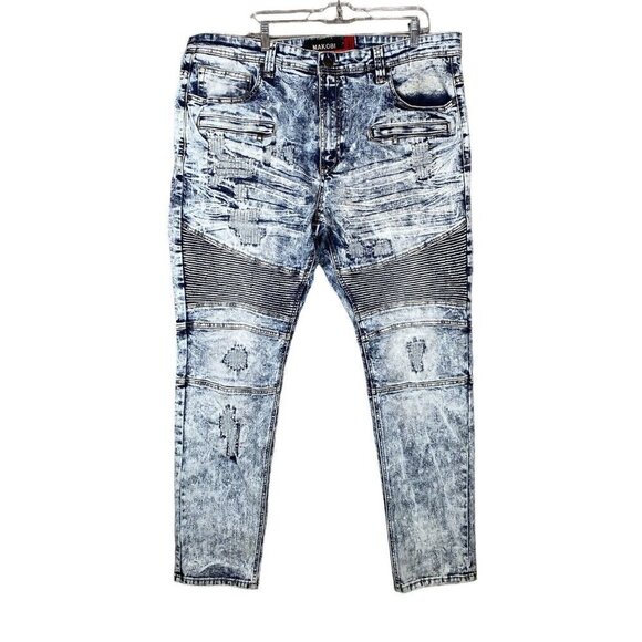 Makobi Jeans Mens 40x34 ACTUAL 43x34 Moto Biker Blue Acid Wash Distressed Denim